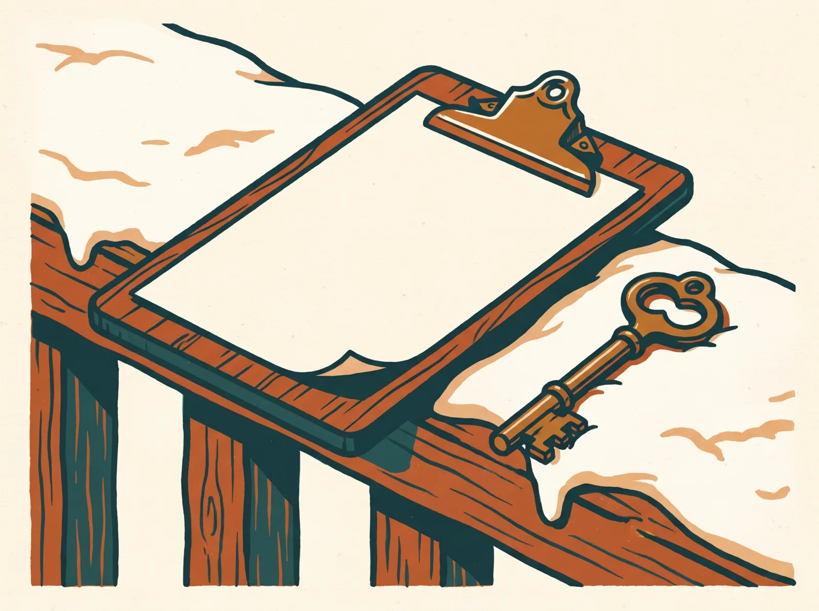 Illustration of a clipboard and an old brass key resting on a snowy porch railing
