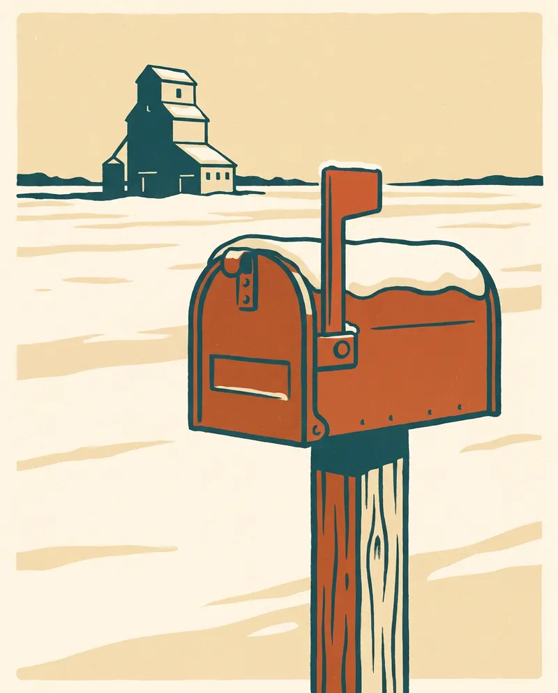 Illustration of a red mailbox capped with snow, with a grain elevator on the horizon