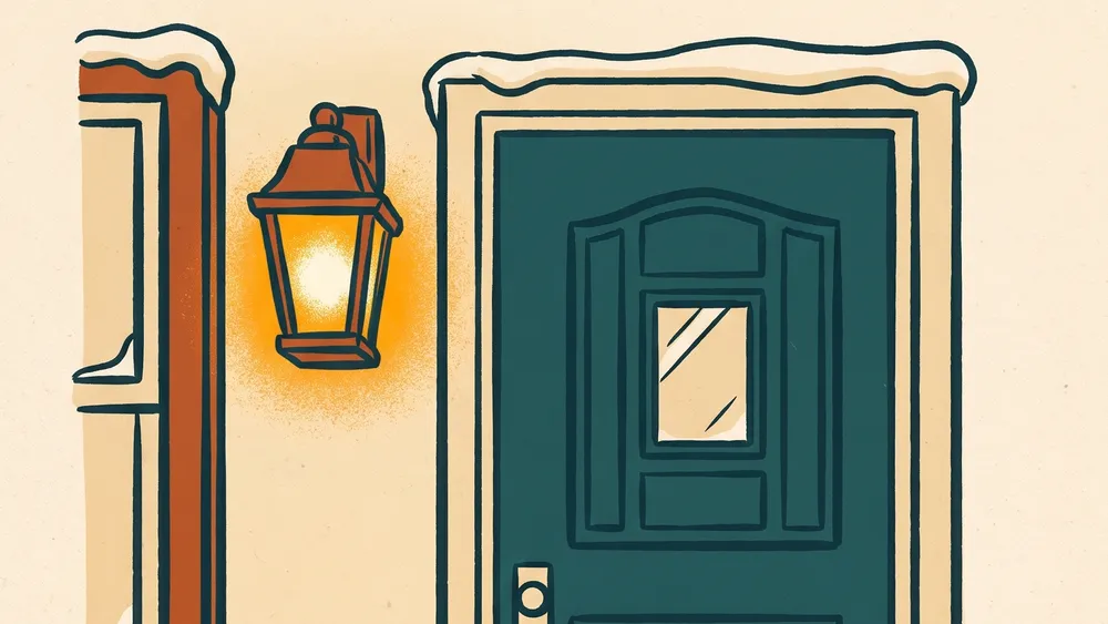 Illustration of a front door in the snow with its porch lantern lit