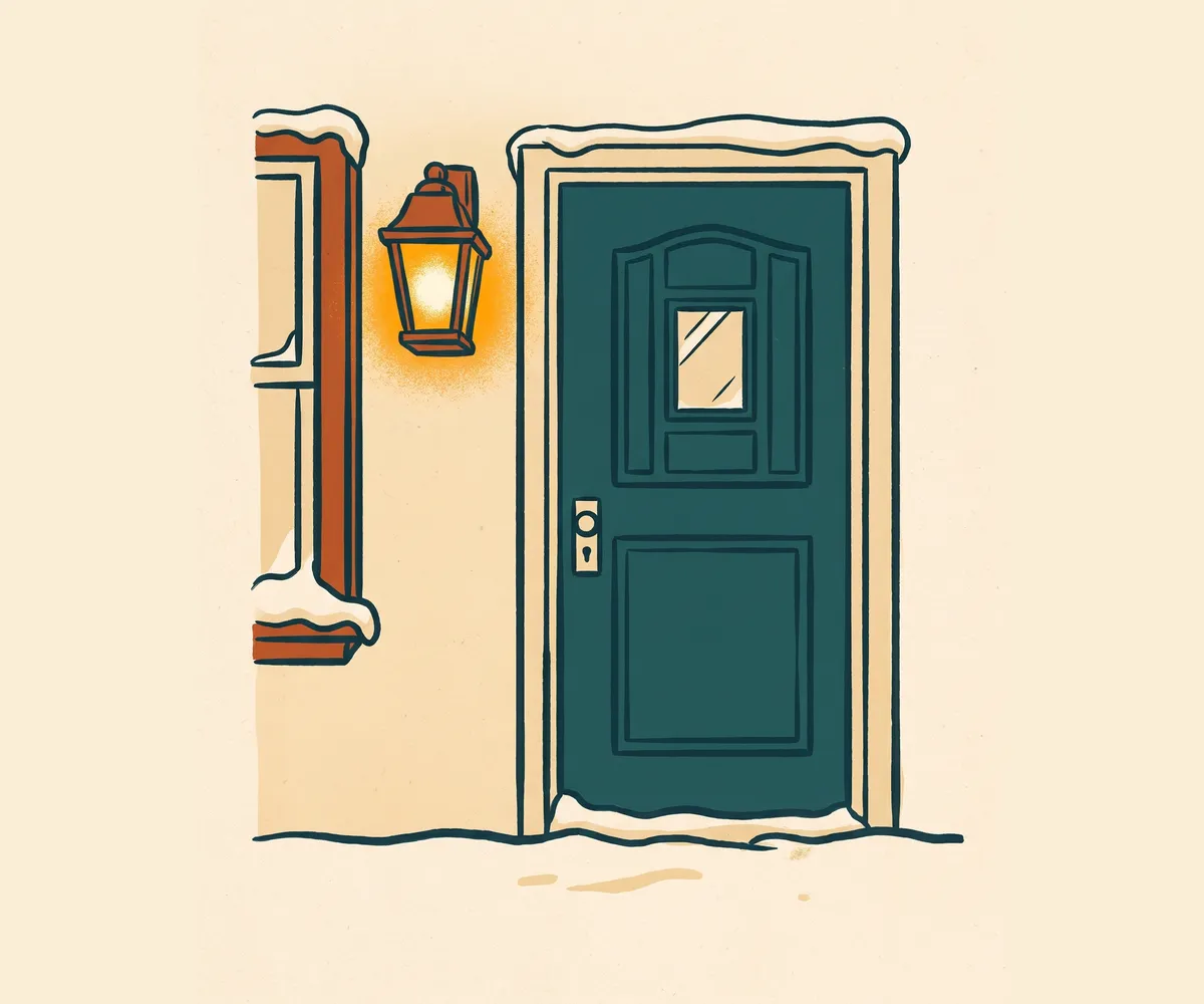 Illustration of a front door in the snow with its porch lantern lit