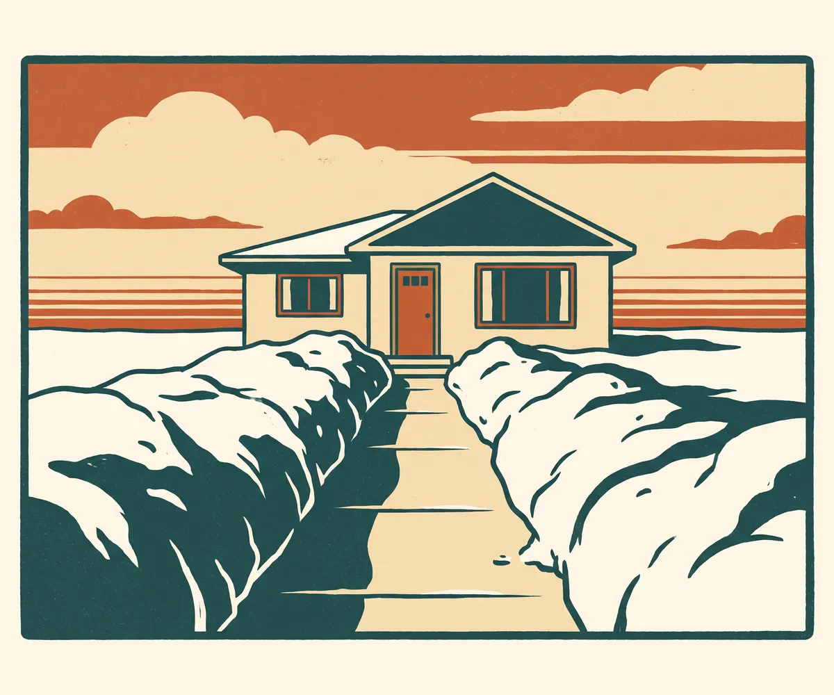 Illustration of a bungalow at the end of a shovelled walkway between snowbanks